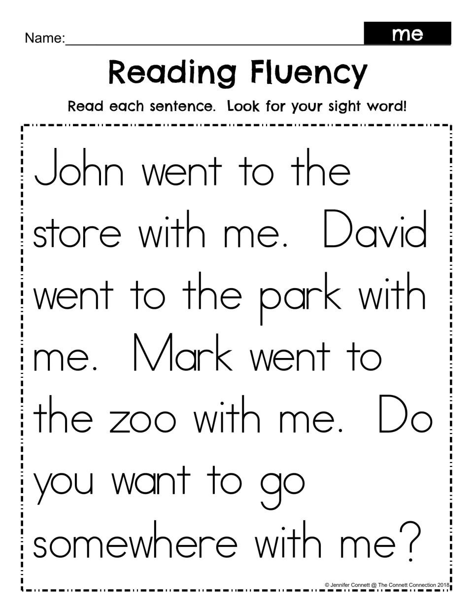Reading fluency passage for the sight word me: students read four sentences about going to the store, park and zoo with me