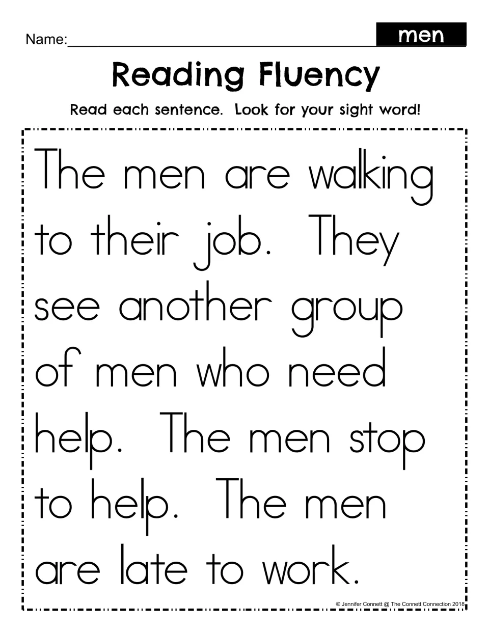 Reading fluency for sight word men: students read a short story about men stopping to help others and spot the word men