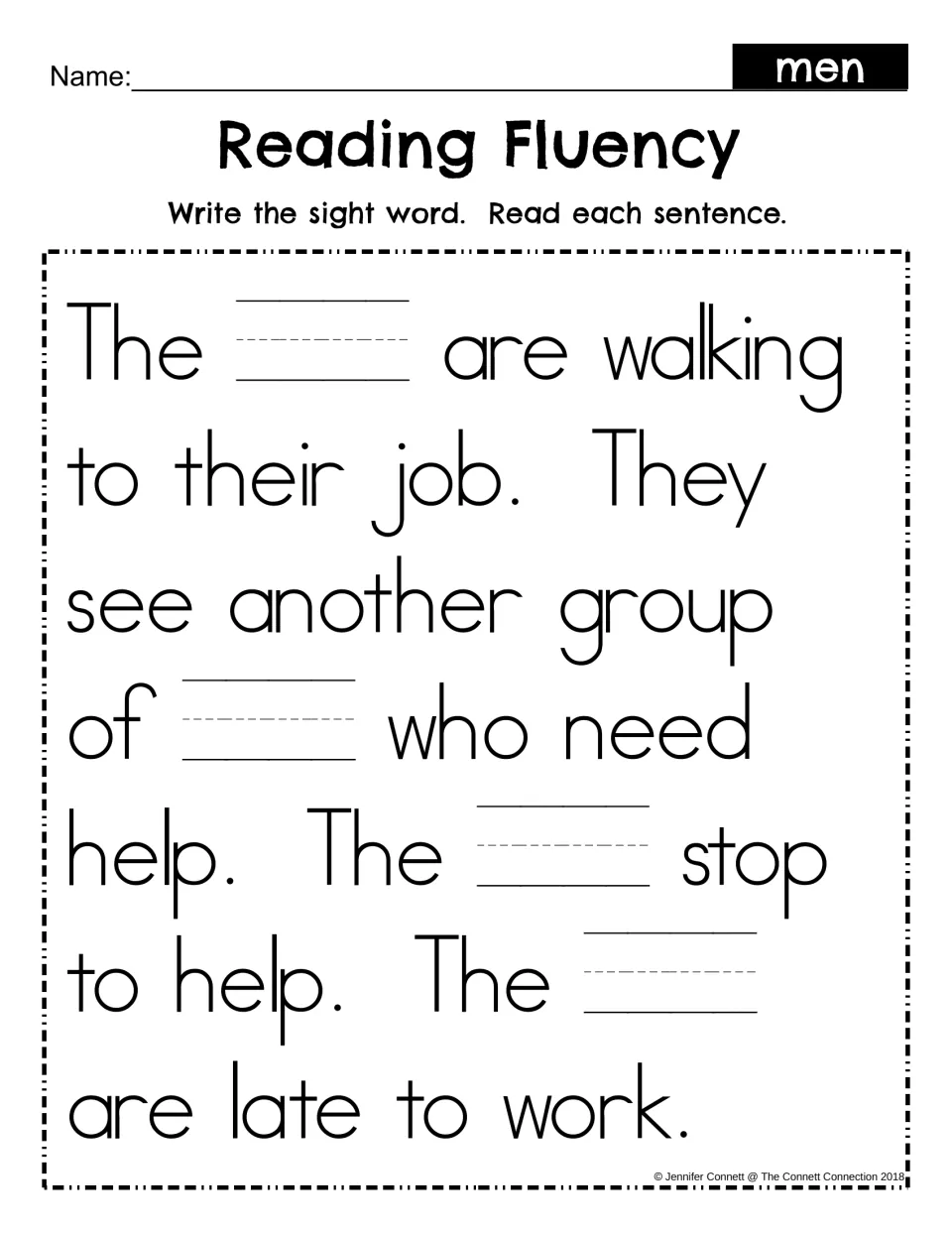 Sight word men fill-in: students write men in four blanks of the same helping story, then read each sentence