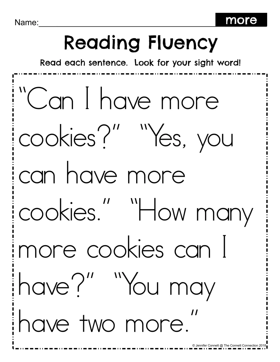Sight word more reading fluency: students read a cookie dialogue passage and look for the word more in each sentence