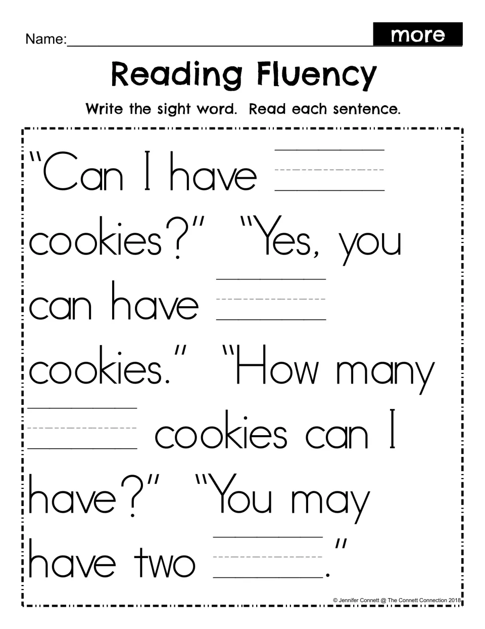 Sight word more fill-in: students write more in four blanks in the same cookie dialogue, then reread each sentence