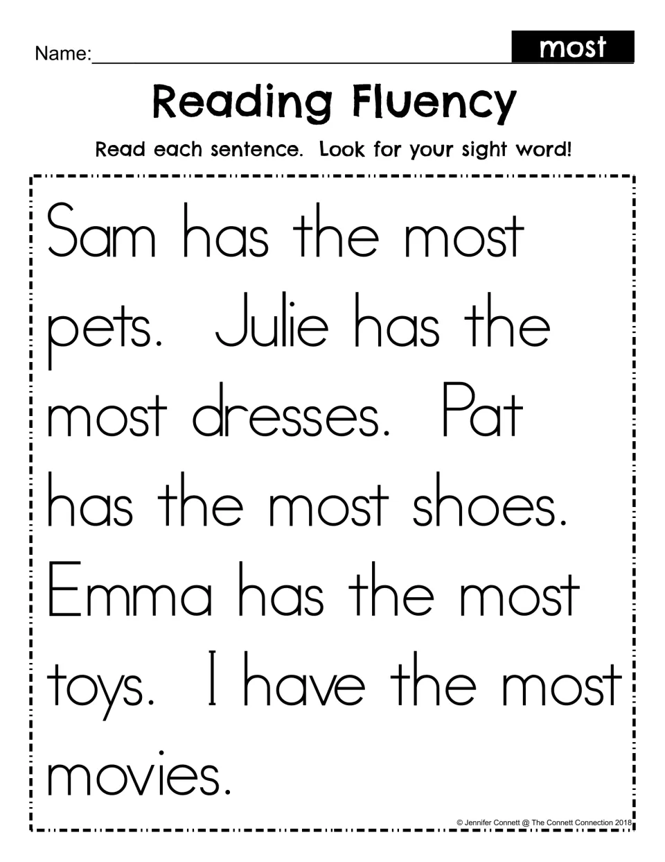 Reading Fluency with sight word most: students read five sentences such as Sam has the most pets and find the word