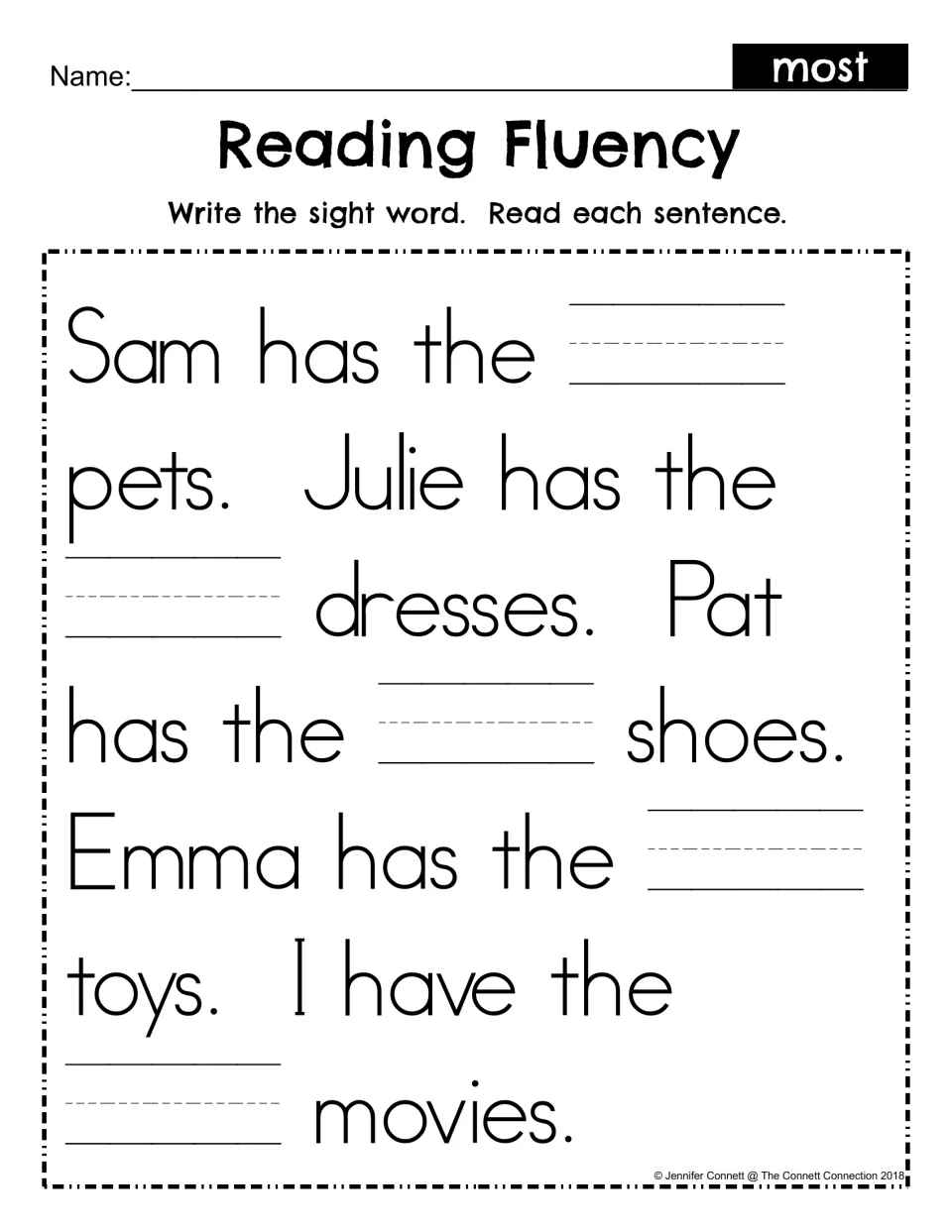 Reading Fluency fill-in: students write the sight word most in five blanks, read sentences about pets, shoes and toys