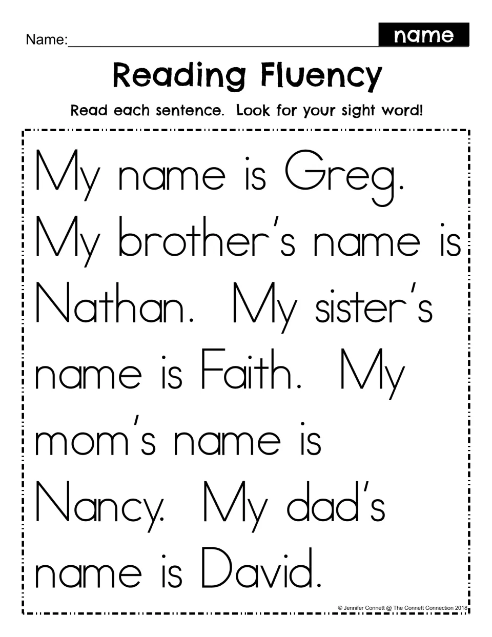 Reading Fluency for sight word name: students read a family passage (mom version) and find name in every sentence
