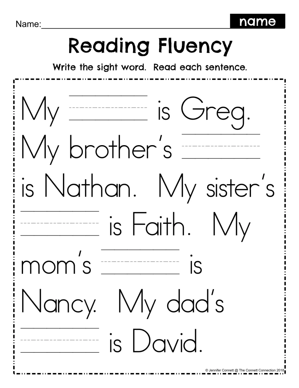 Sight word name fill-in: students write name in five blanks, then reread the family passage about Greg's mom and dad
