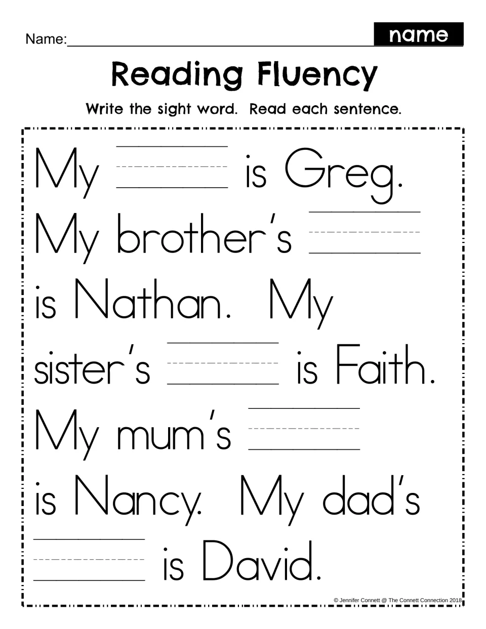 Sight word name fill-in, mum version: students write name in five blanks about Greg's family, then read each sentence