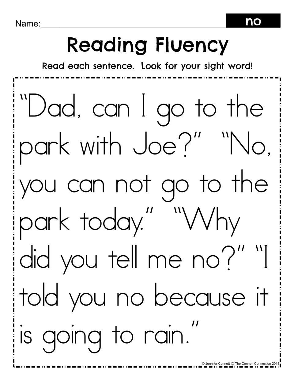 Reading fluency with sight word no: students read a short dialogue about going to the park and look for each no