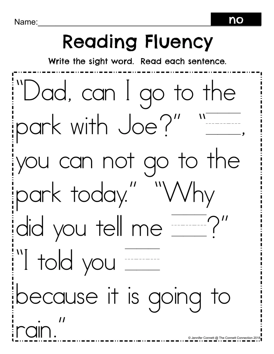 Sight word no fluency: students write no in three blanks in the park dialogue, then read each sentence
