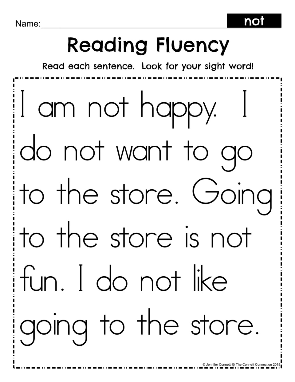 Reading Fluency for sight word not: students read a short story about not liking the store and look for each "not"