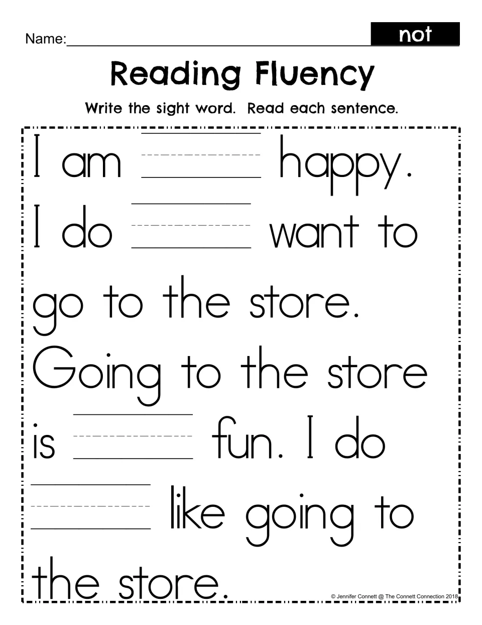 Sight word not fill-in: students write "not" in four blanks of the store story, then reread each sentence for fluency