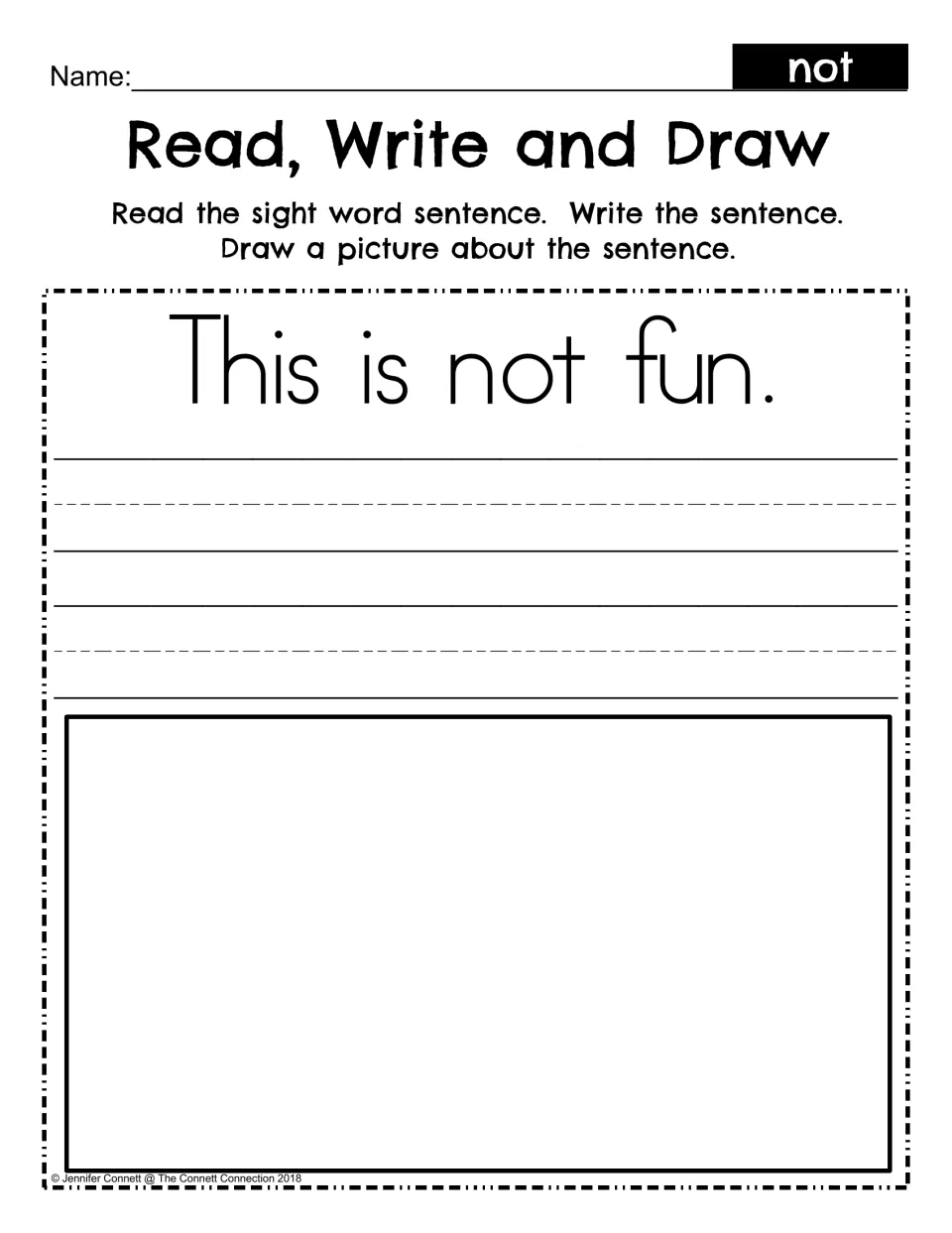 Read, Write and Draw: students read "This is not fun.", copy the sentence and draw a picture about it
