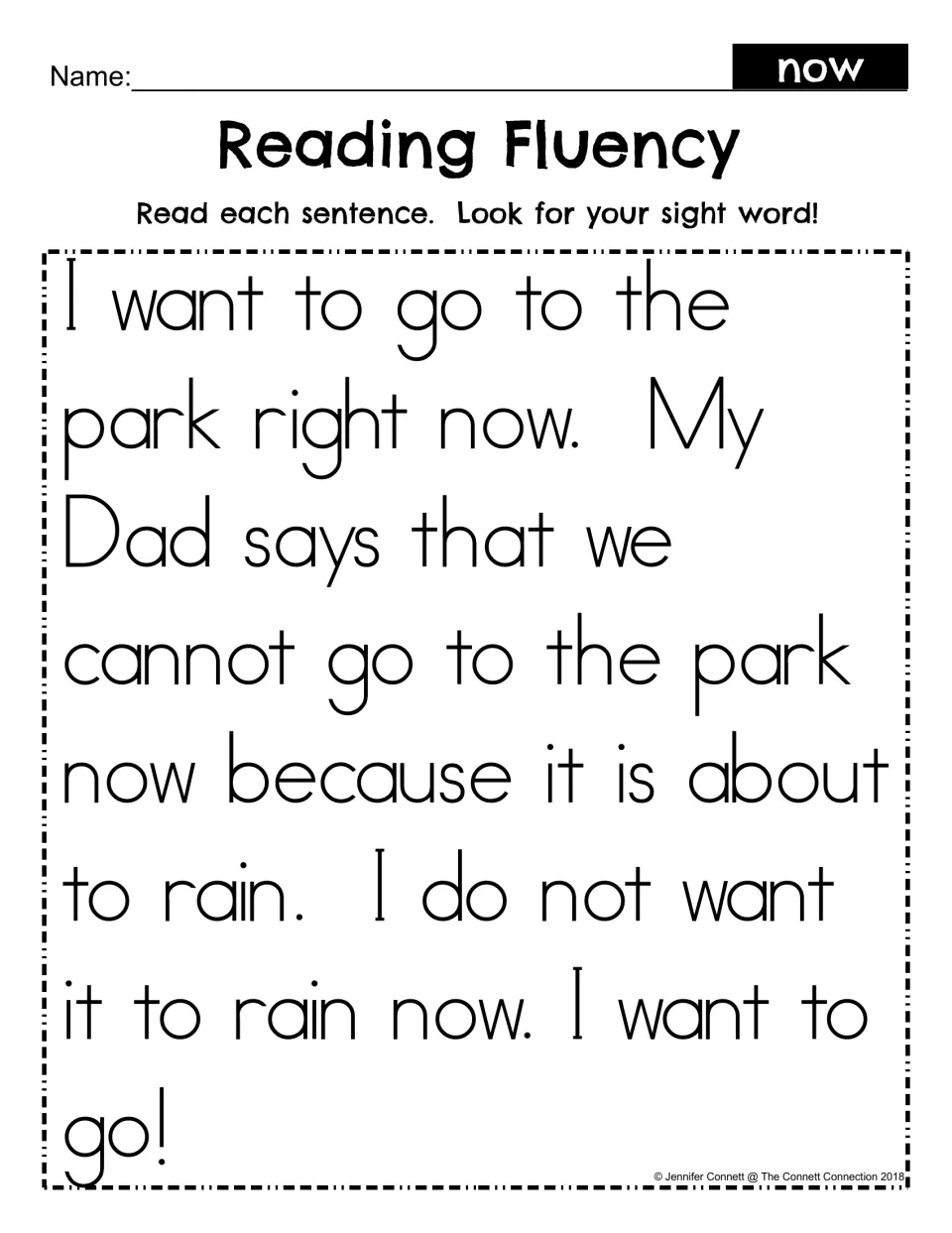 Reading fluency passage for the sight word now: students read a short story about going to the park and find each now