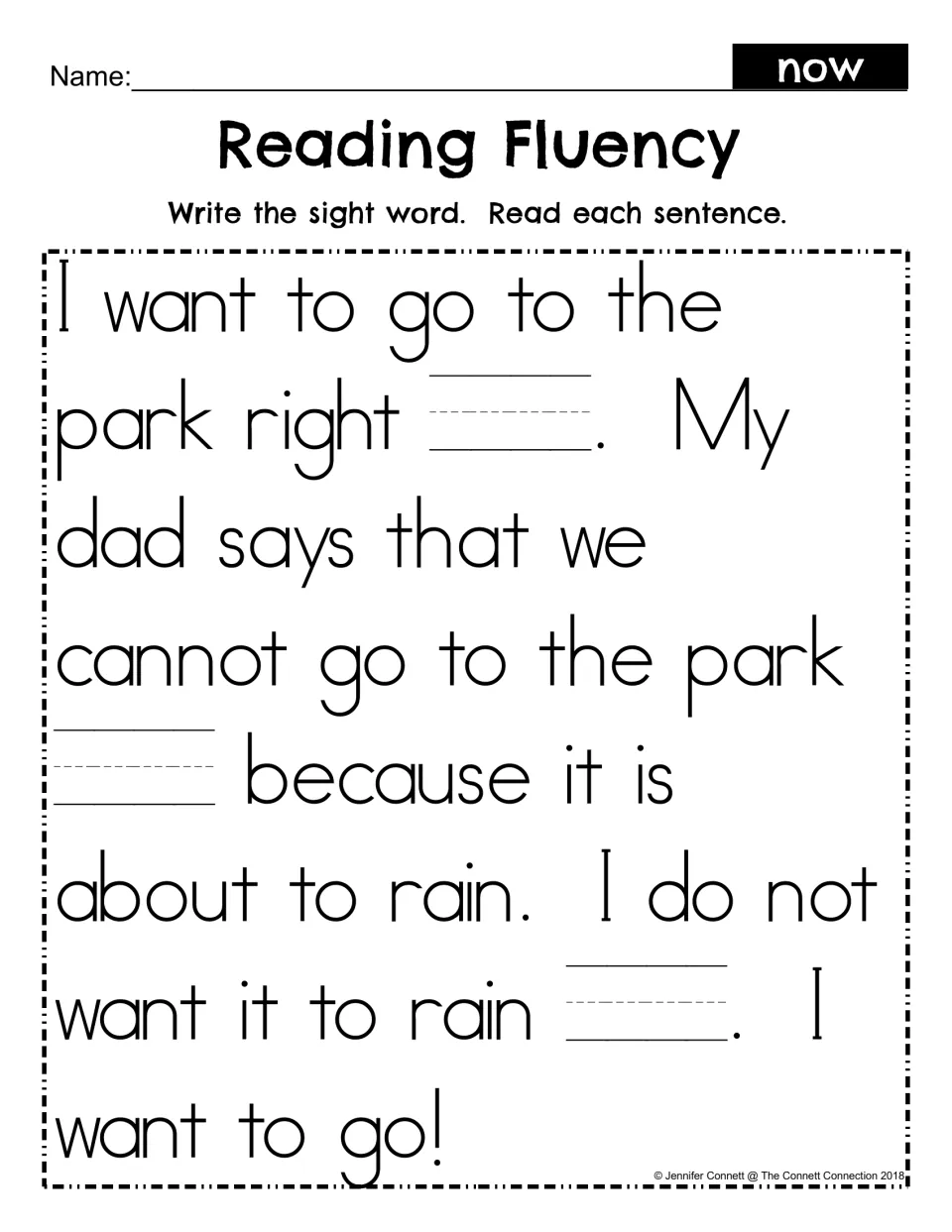 Sight word fill-in: students write now in three blanks in the park and rain story, then read each sentence