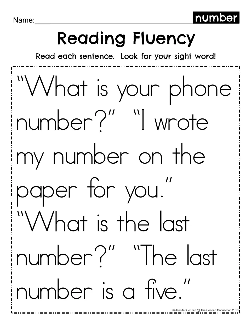 Reading fluency for sight word number: students read phone-number and last-number sentences and find the word