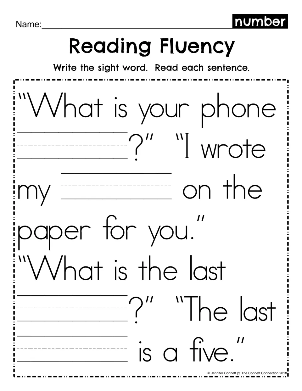 Sight word fill-in: students write number in four blanks, then read the same phone-number and last-number sentences