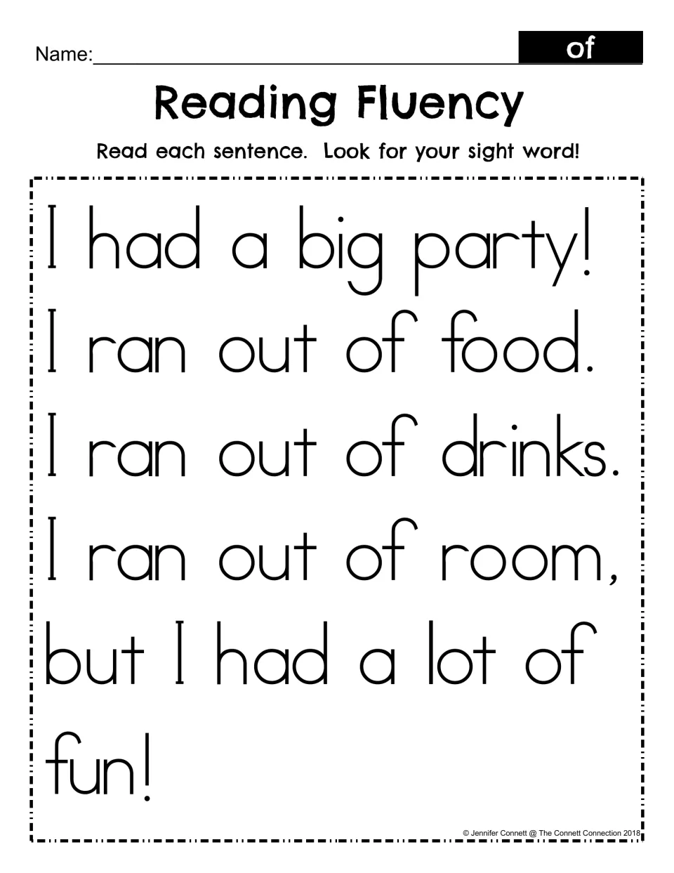 Reading Fluency, sight word of: students read a short party story and look for of in lines like I ran out of food