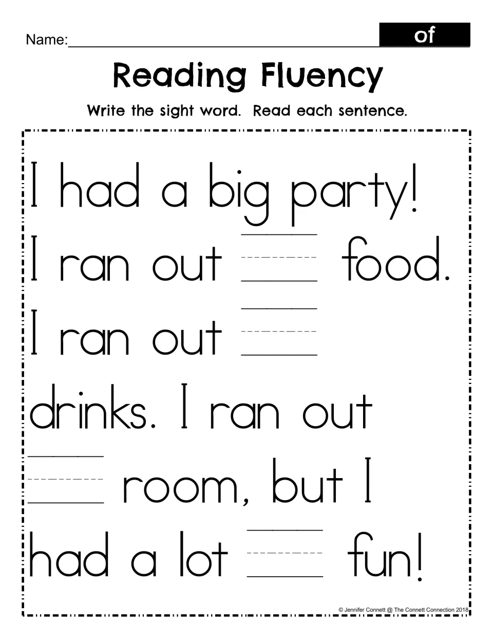 Reading Fluency fill-in: students write the sight word of in each blank of the party story, then read the sentences