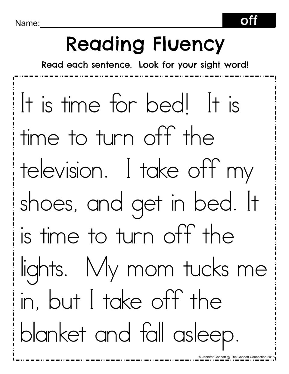 Sight word off reading fluency: students read a bedtime passage and look for off, which appears four times