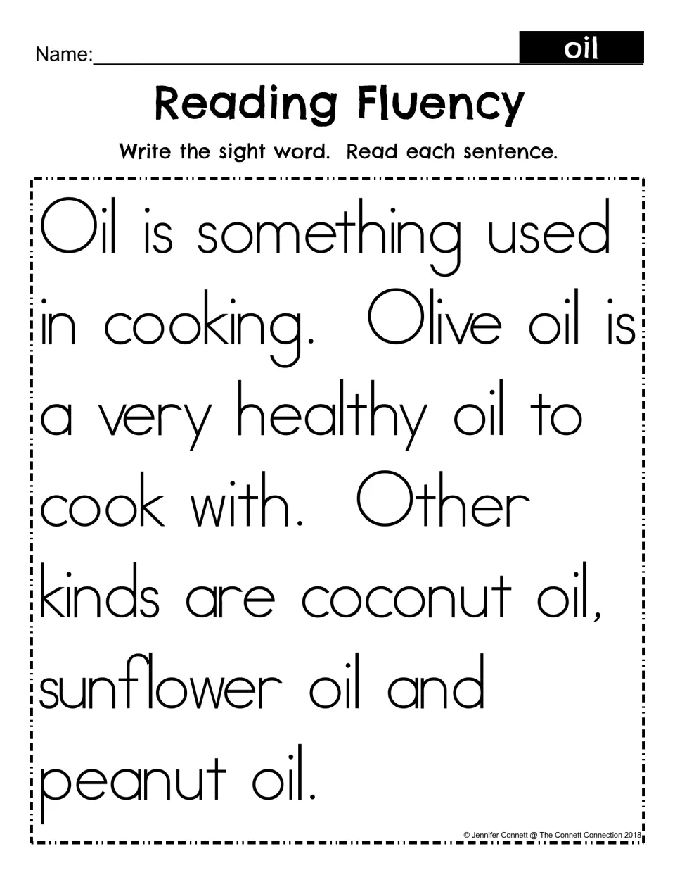 Reading Fluency passage for sight word oil: students read sentences about cooking oils like olive, coconut and peanut oil