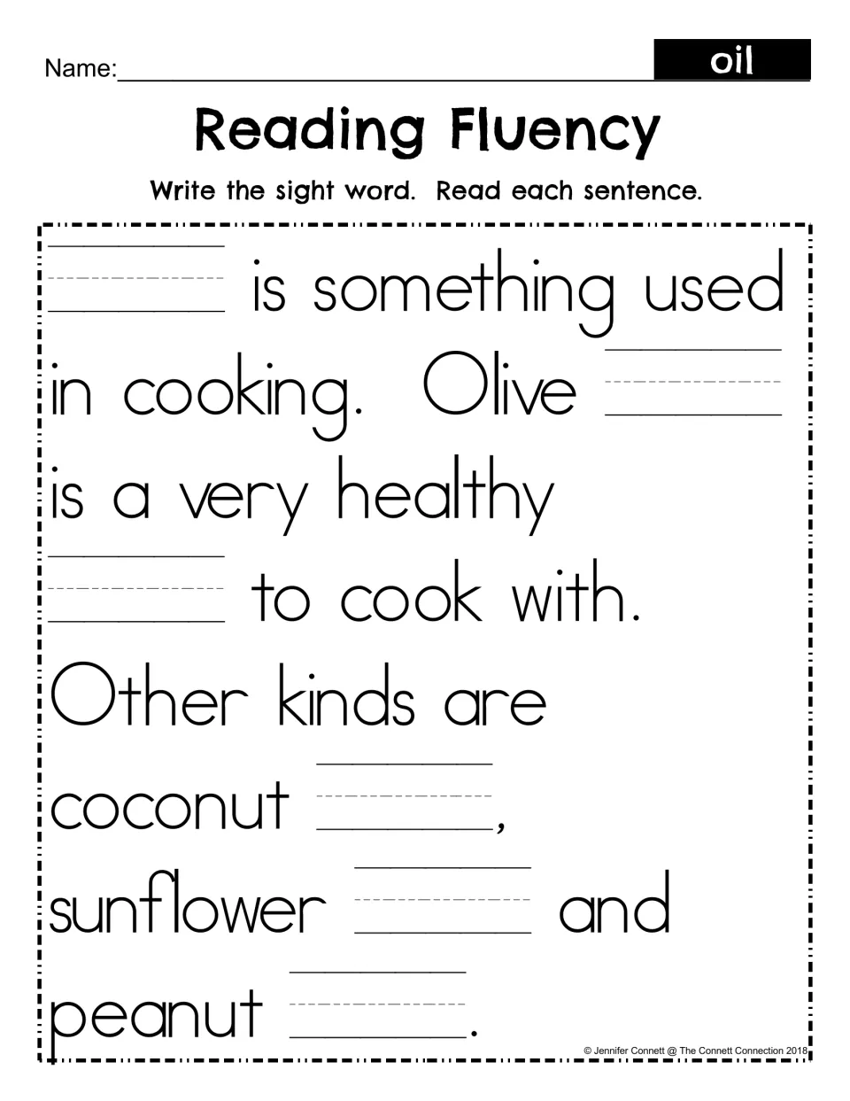 Reading Fluency fill-in: students write the sight word oil in six blanks of a passage on cooking oils, then reread it