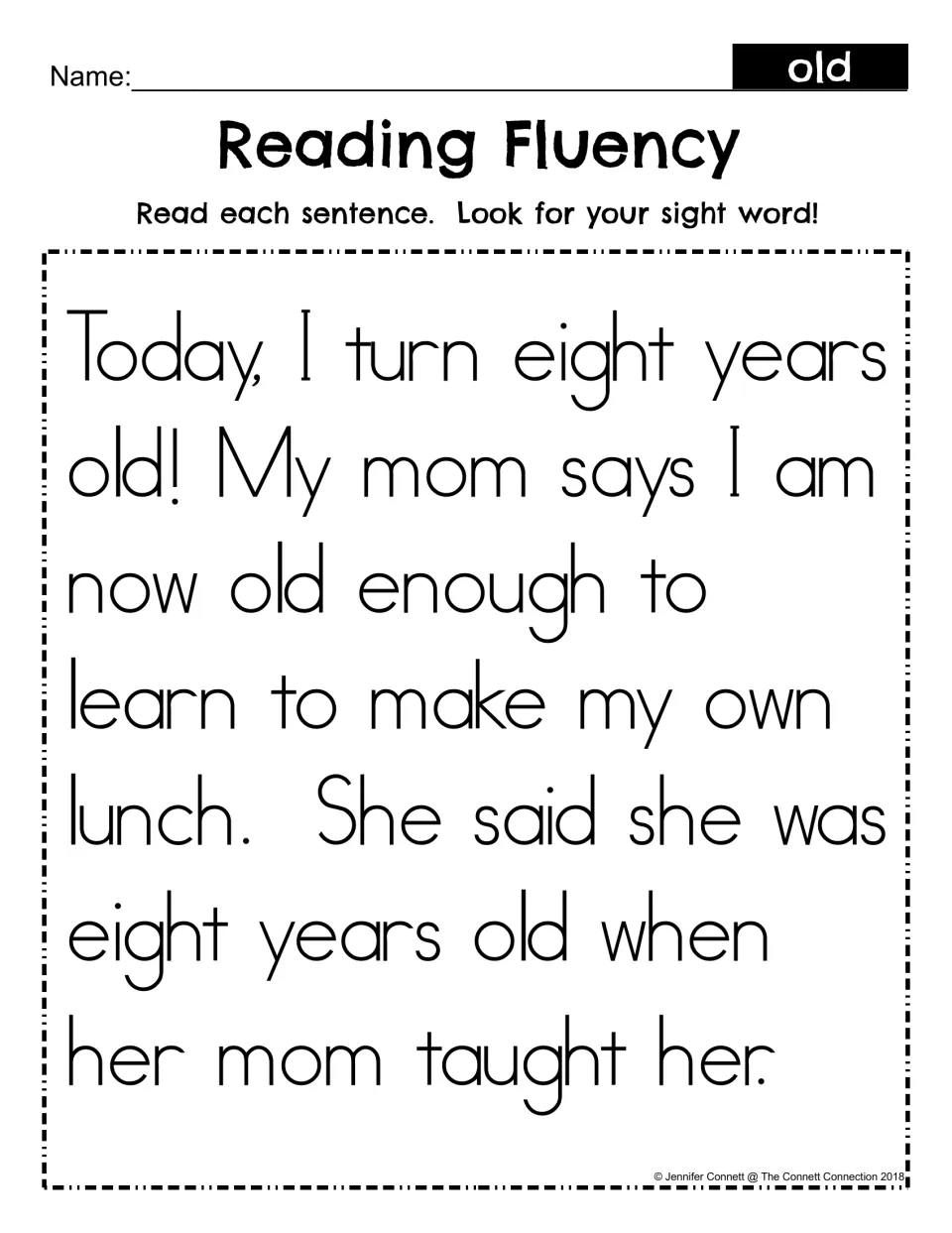 Reading fluency for sight word old: students read a birthday passage about learning to make lunch and spot each old