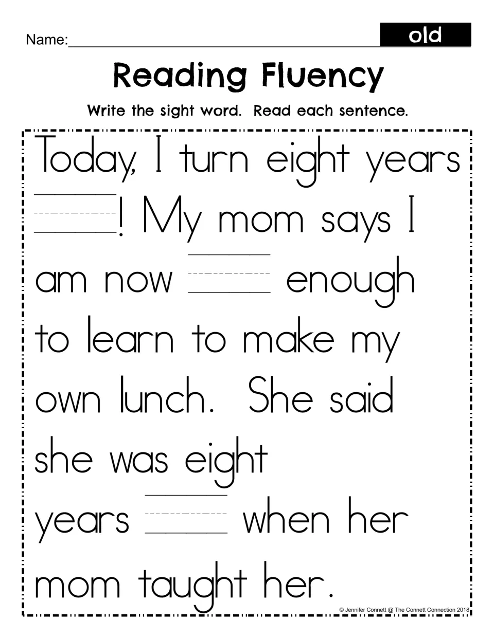 Sight word old fill-in: students write old in three blanks of the birthday lunch passage, then reread it for fluency
