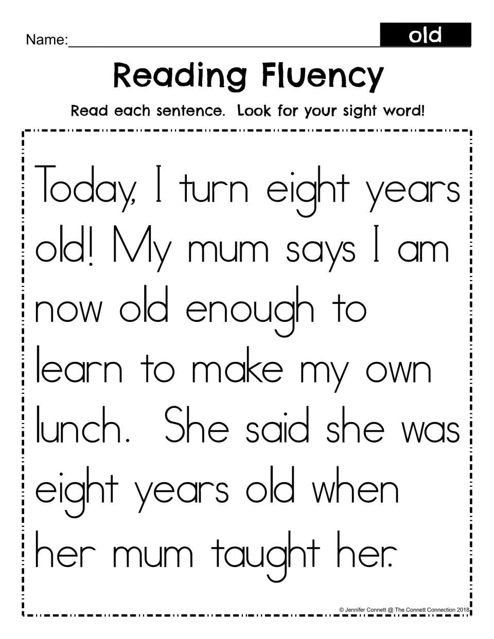 Reading fluency, mum spelling: students read the same birthday lunch passage using mum and look for the sight word old