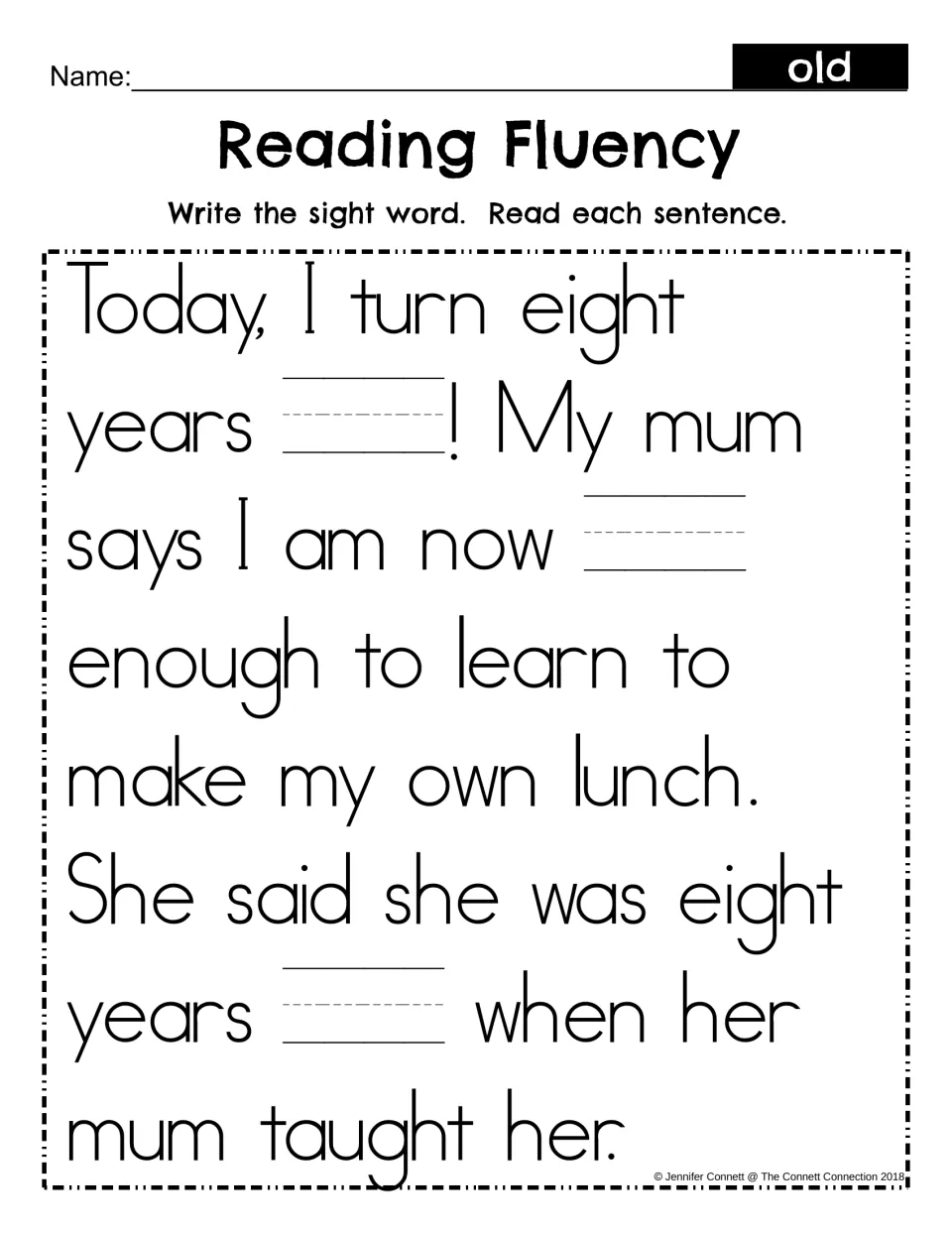 Sight word old fill-in, mum version: students write old in three blanks of the lunch passage and read each sentence