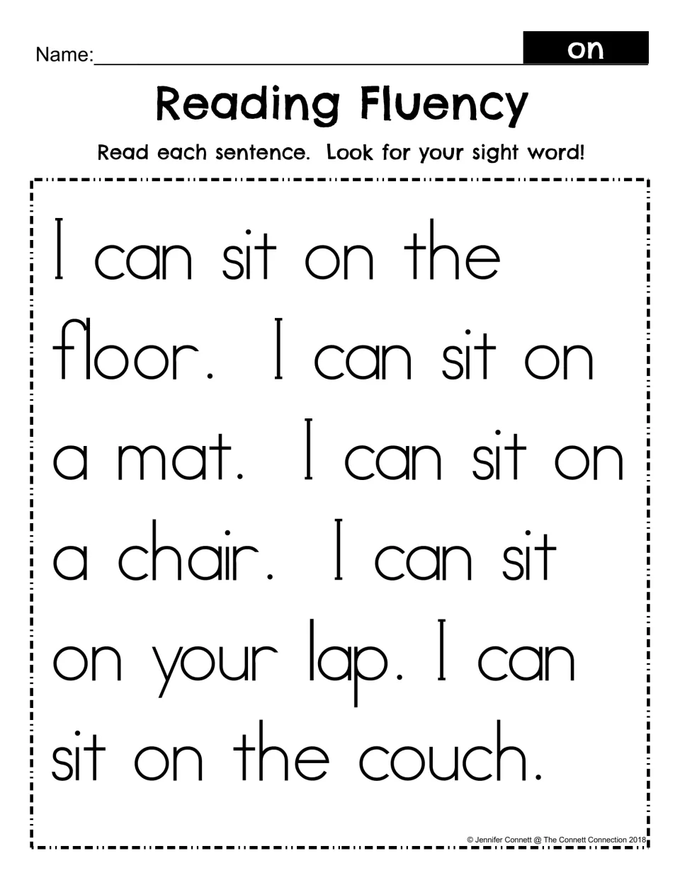 Reading Fluency for sight word on: students read I can sit on sentences about a floor, mat, chair, lap and couch