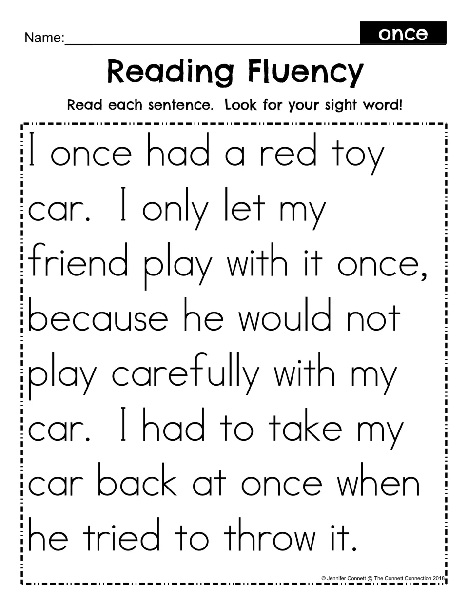 Sight word once reading fluency: students read a short story about a red toy car and find once three times