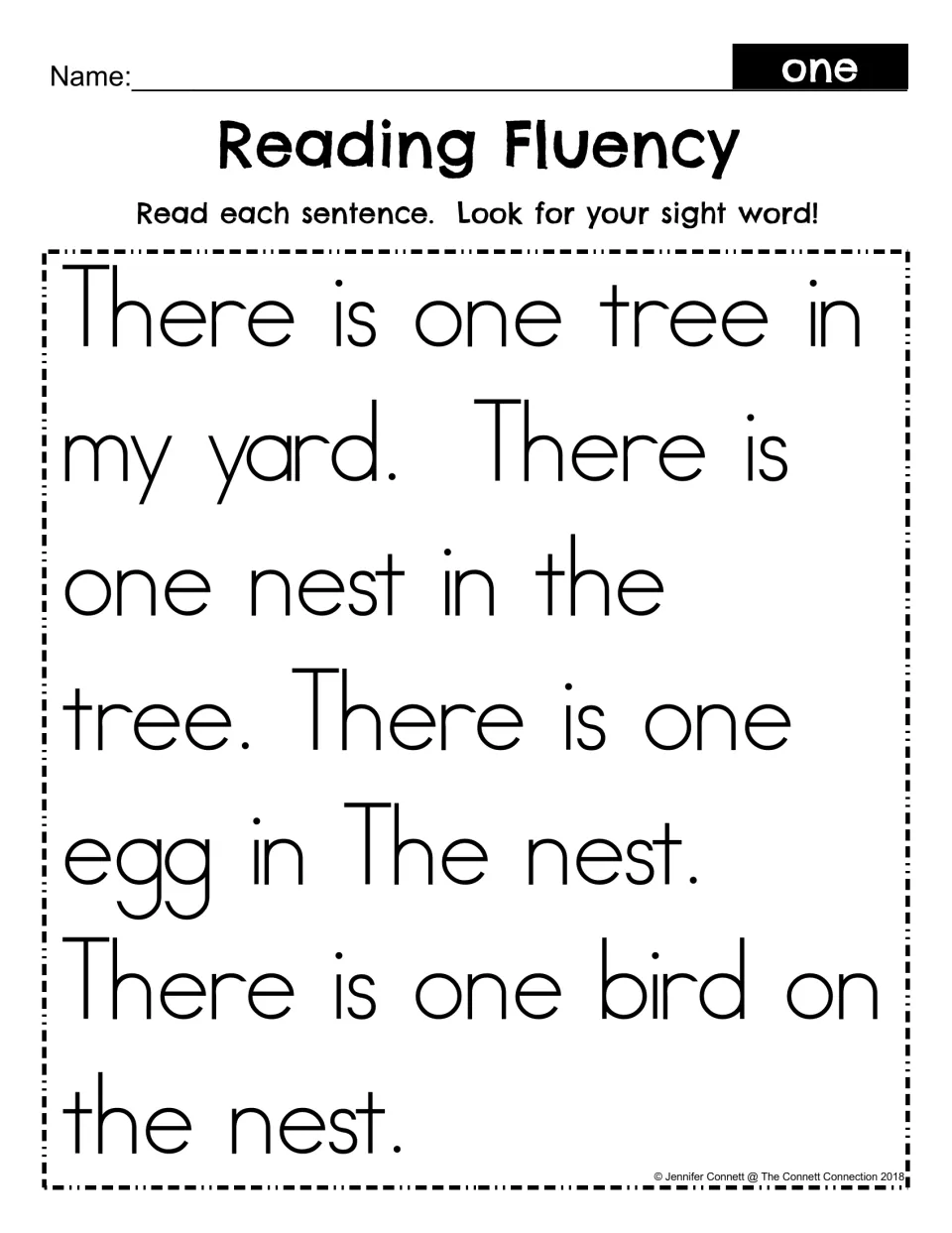 Reading fluency passage repeating "one" in four sentences about a tree, a nest, an egg, and a bird.