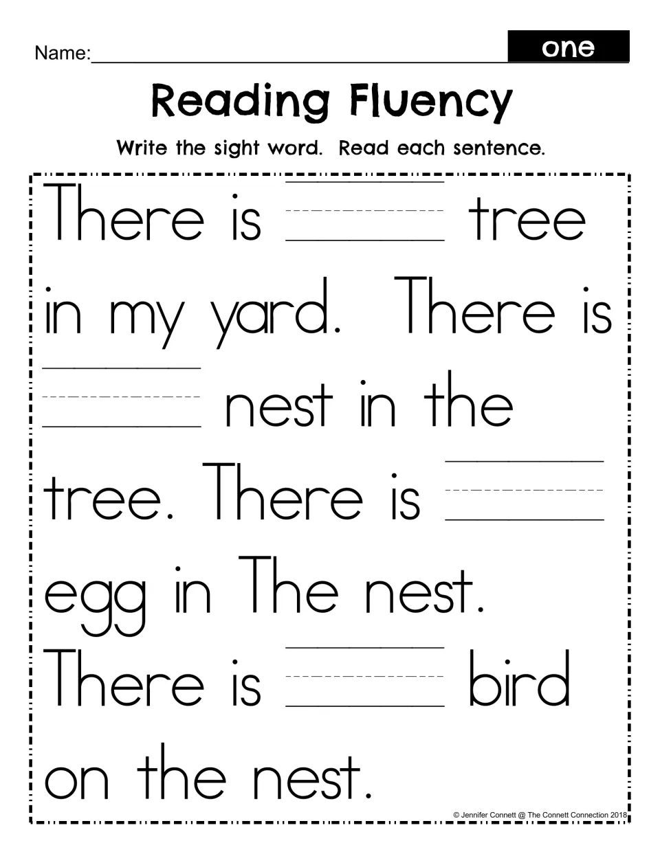 Sight word writing practice: fill in "one" in four sentences about a tree, a nest, an egg, and a bird.