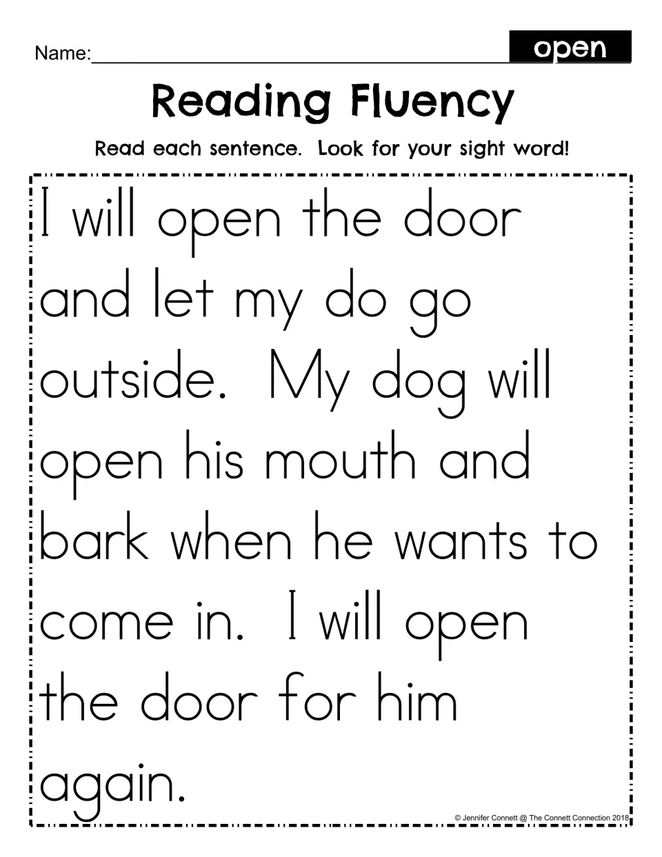 Reading Fluency for sight word open: students read a short story about opening the door for a dog, spotting the word