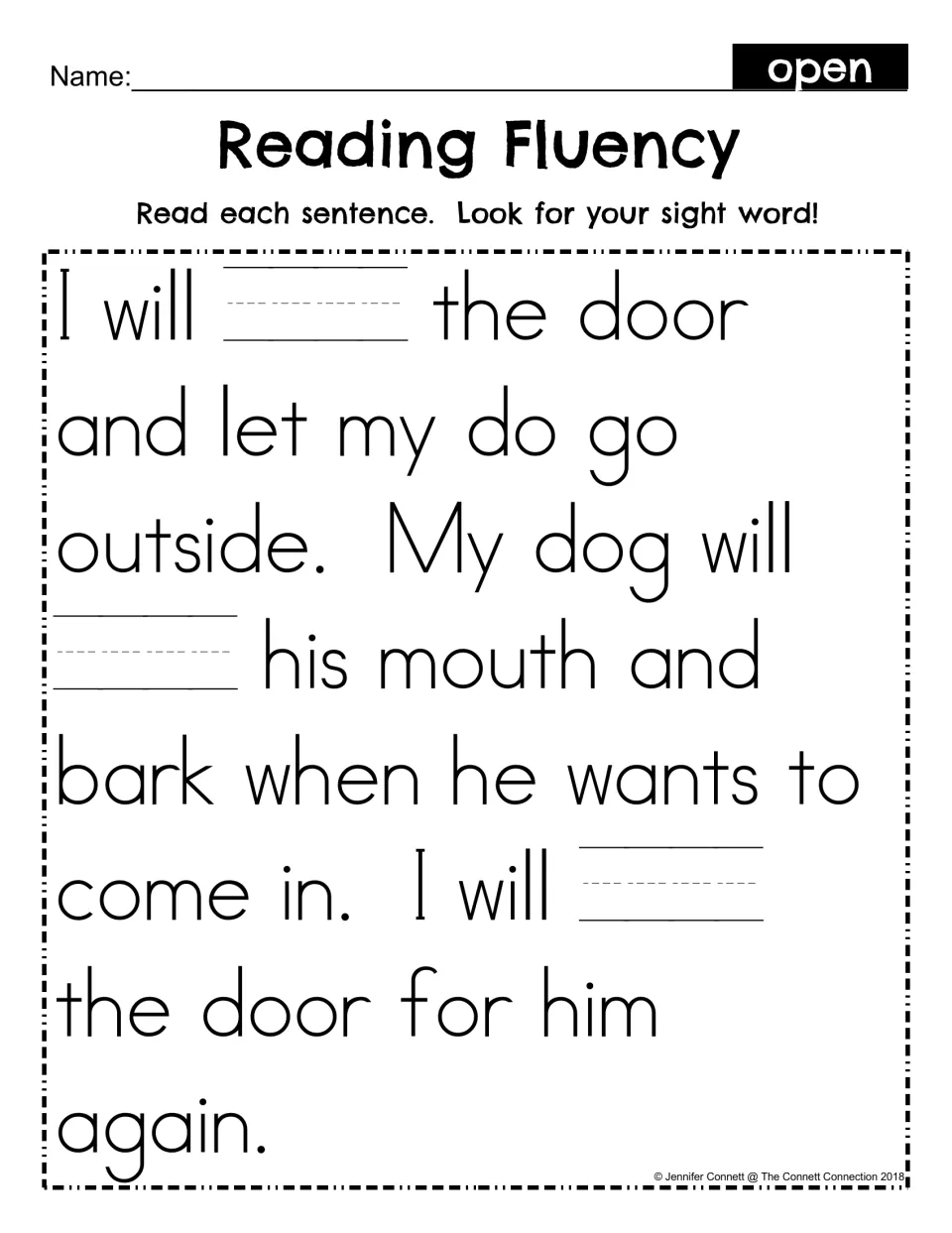 Sight word open fill-in: students read the same dog-and-door story and write open in each of the three blank spaces