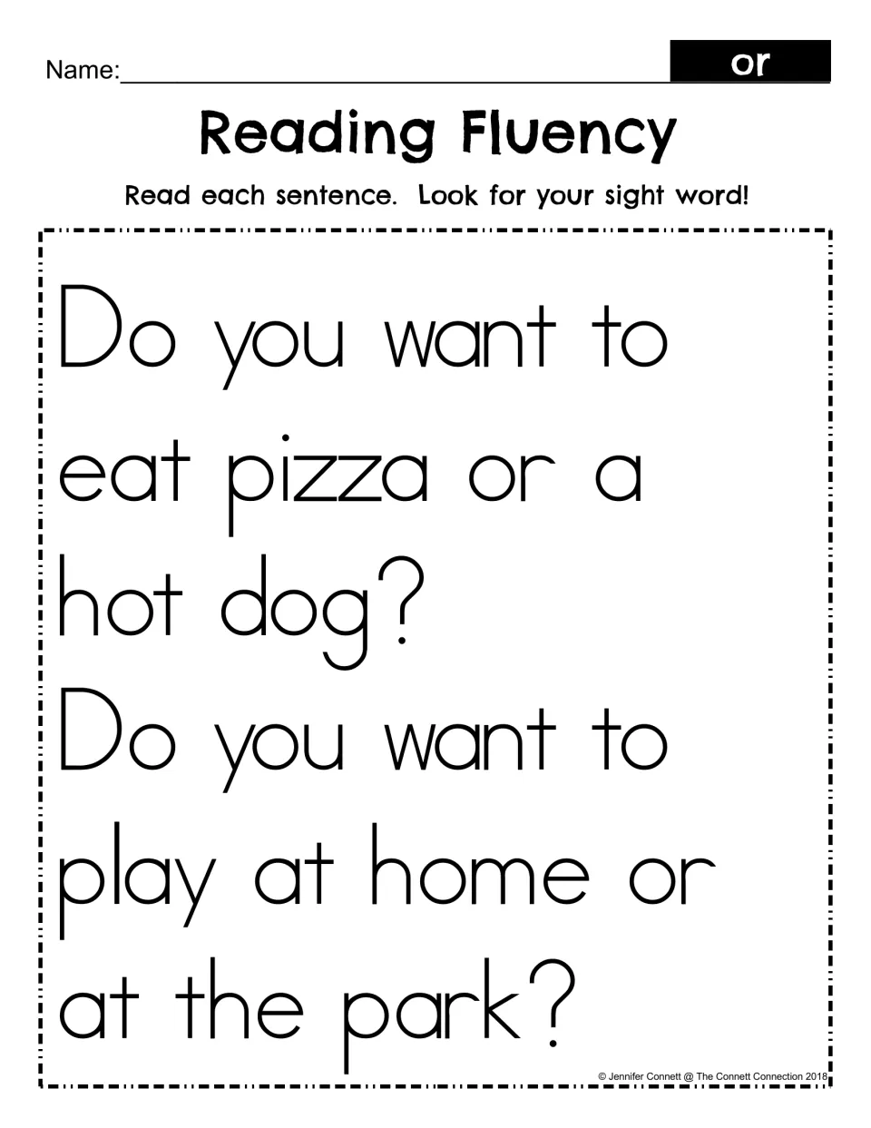 Sight word or reading fluency: students read two questions about pizza or a hot dog and home or the park, finding 'or'