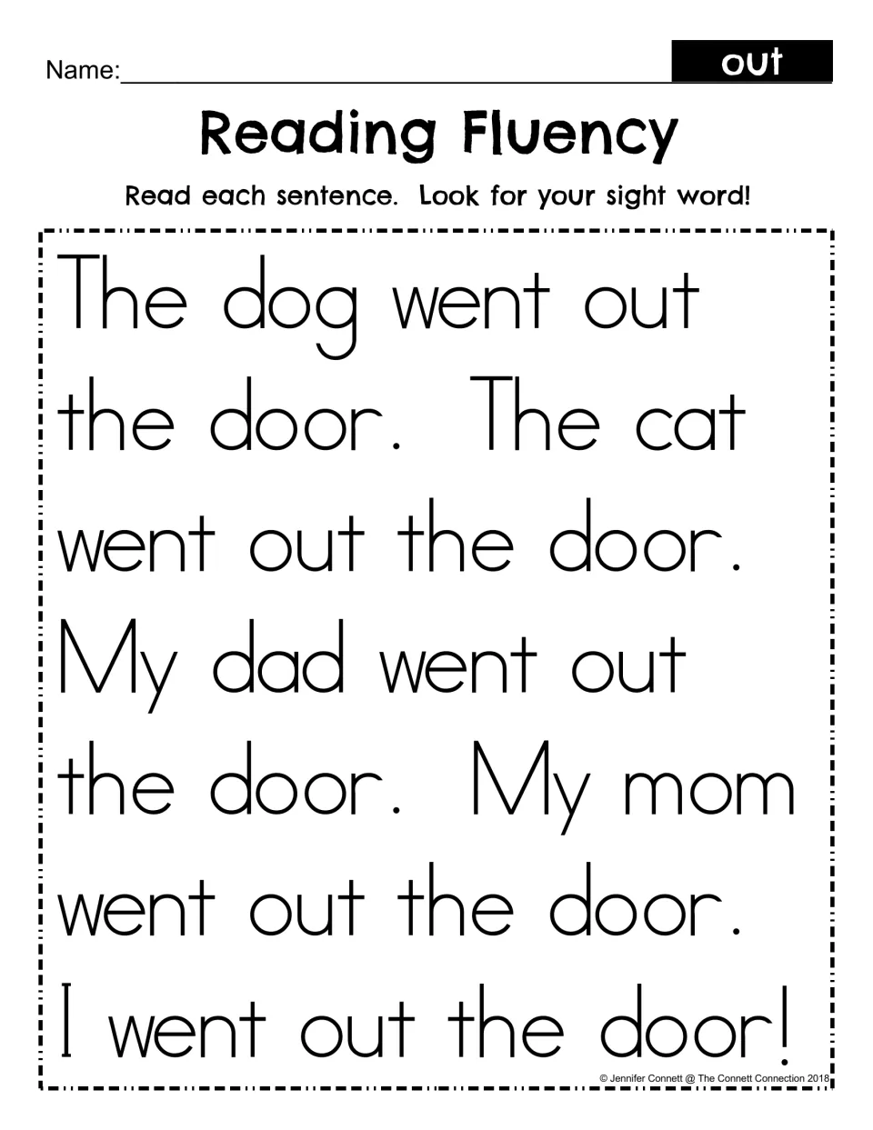 Reading Fluency for sight word out: students read seven short sentences like The dog went out the door and spot the word