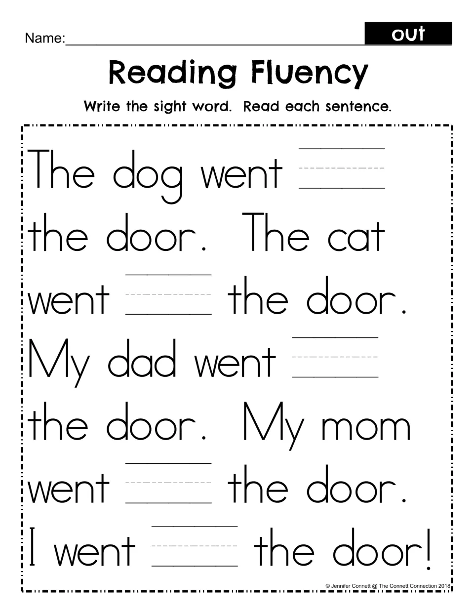 Sight word out fill-in: students write out in five blanks, then read sentences about a dog, cat, dad and mom at the door