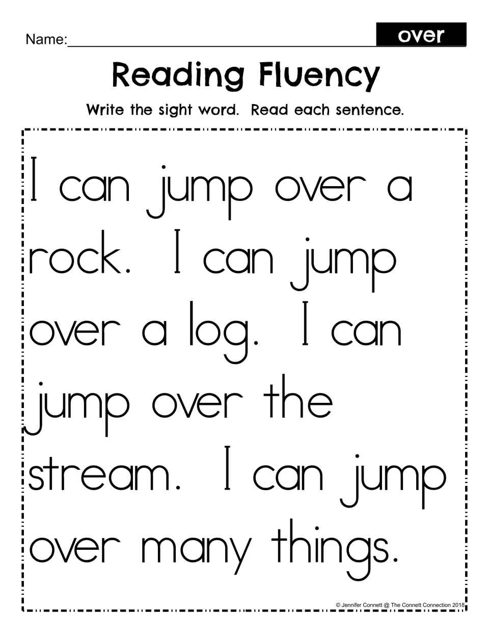 Reading Fluency for sight word over: students read a short passage about jumping over a rock, a log and a stream