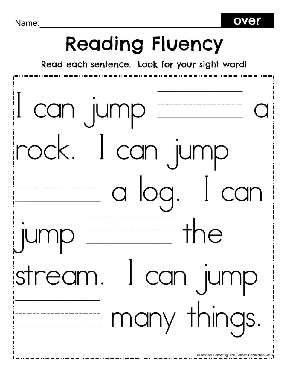 Sight word over fill-in passage: students write over in each of the four blanks, then read the jumping sentences aloud