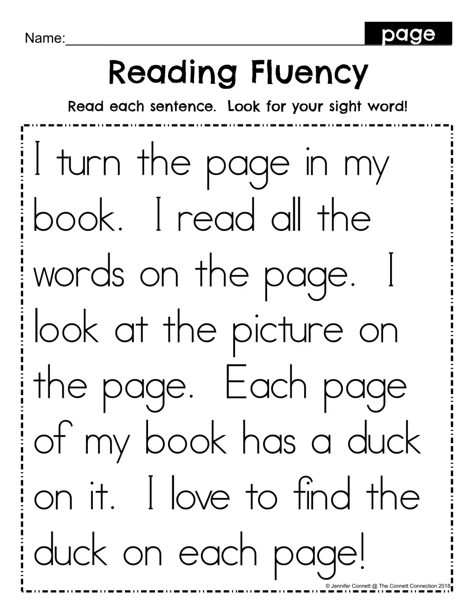 Reading Fluency for the sight word page: students read a short story about a duck in a book and look for the word