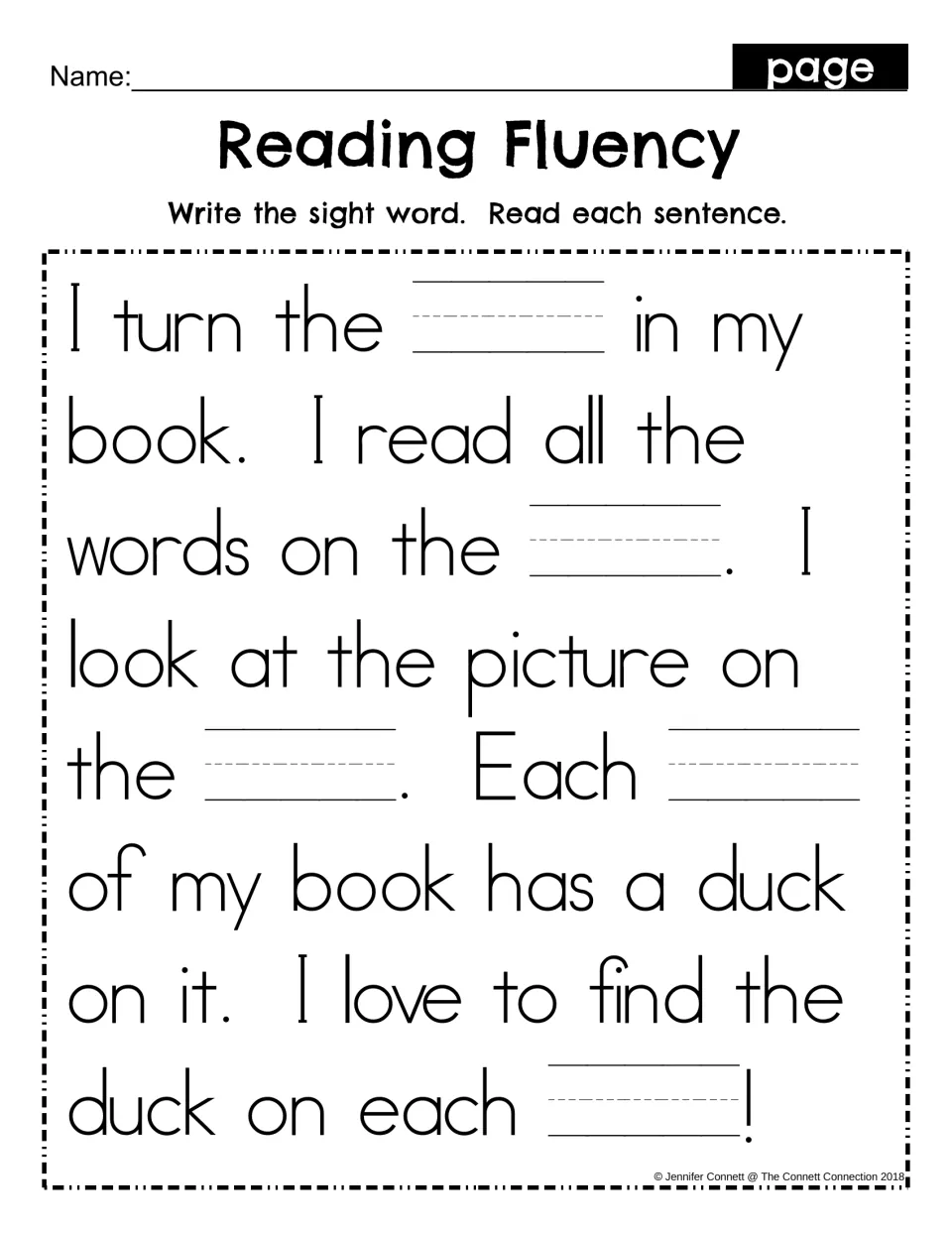Reading Fluency fill-in: students write the sight word page in five blanks, then reread the duck story sentences