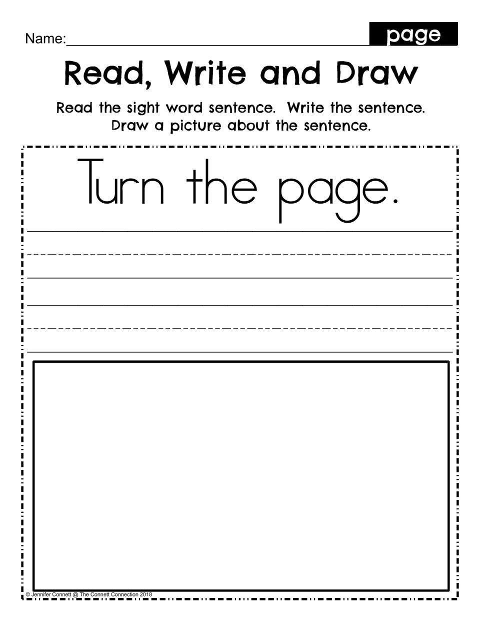 Read, Write and Draw: students read the sentence Turn the page, copy it on handwriting lines and draw a matching picture