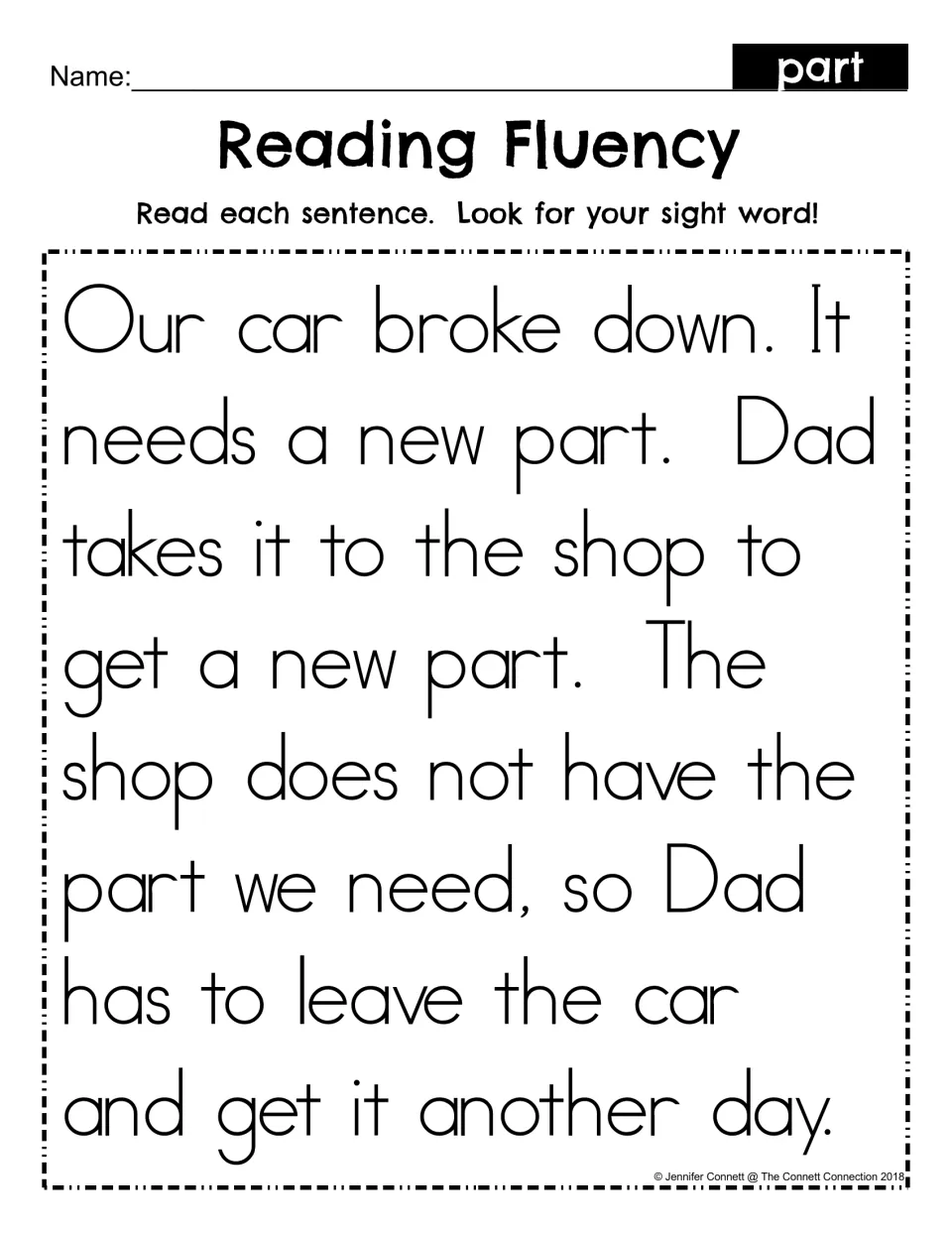 Reading Fluency for sight word part: students read a short story about Dad taking a broken car to the shop