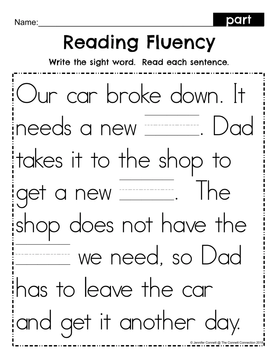 Reading Fluency fill-in for sight word part: students write part in three blanks, then read the car shop story