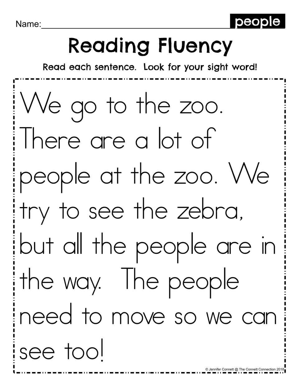 Reading Fluency zoo passage: students read each sentence and look for the sight word people, which appears 3 times