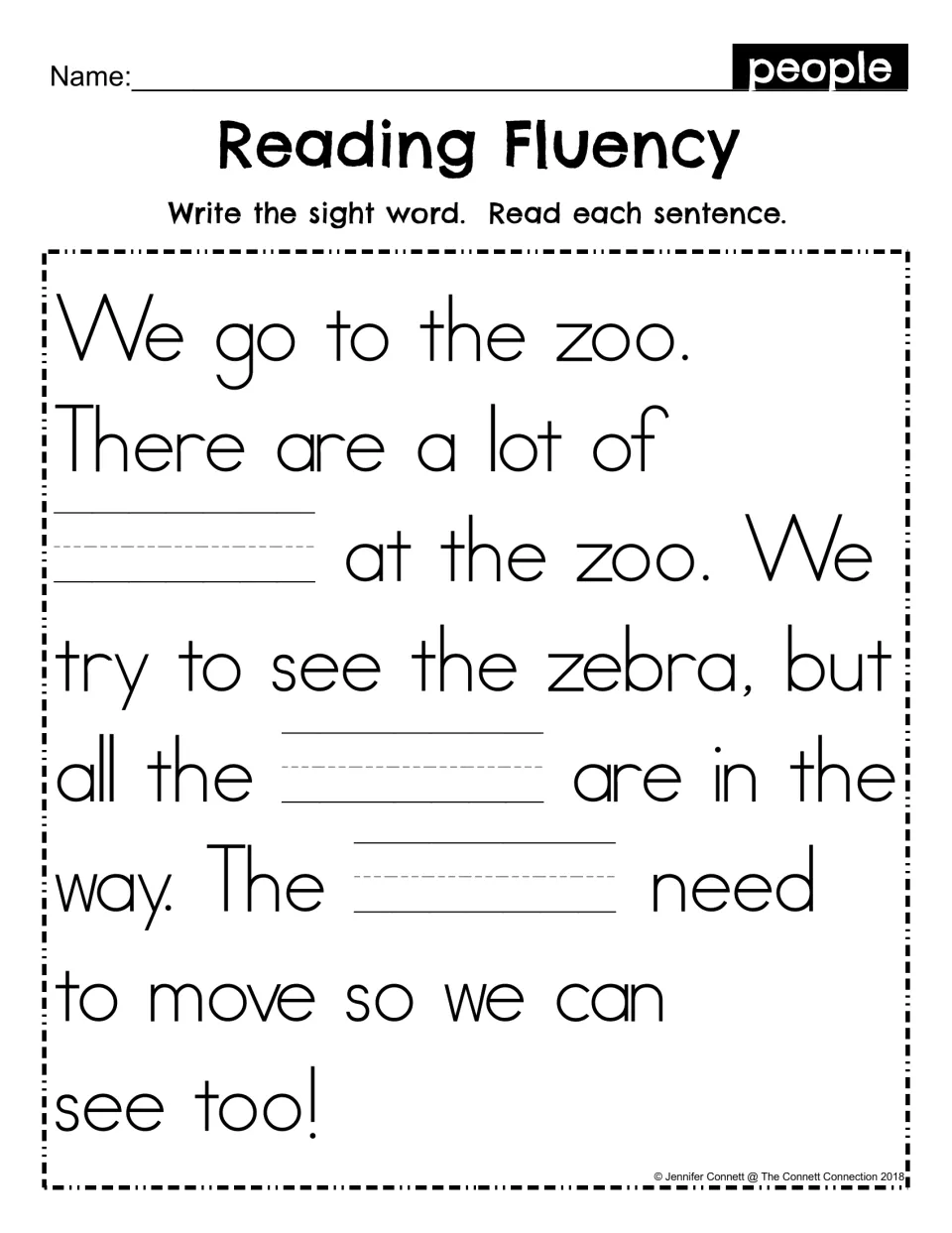 Reading Fluency fill-in: students write the sight word people on 3 blanks in the zoo passage, then read each sentence