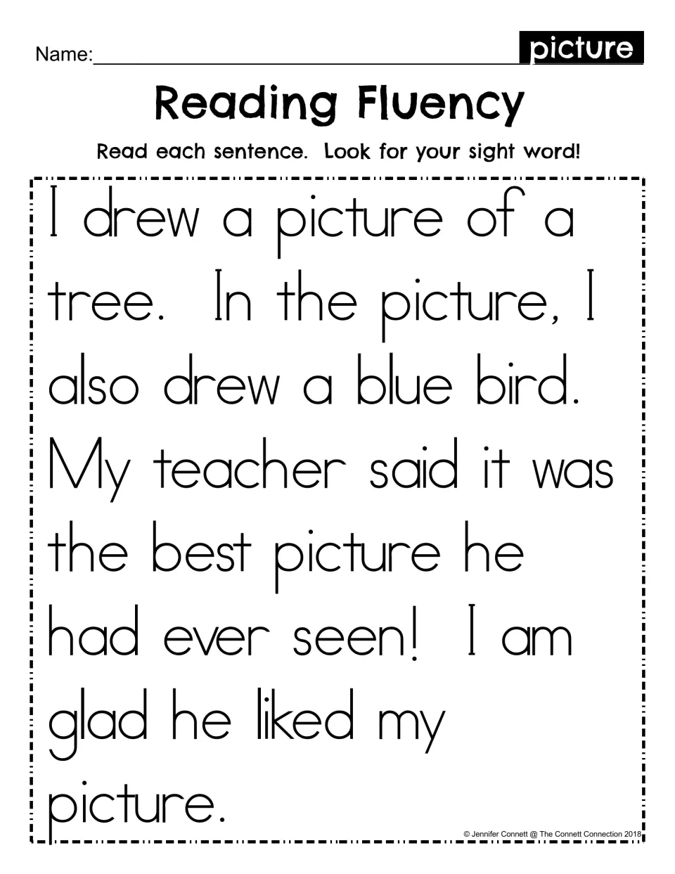 Reading Fluency for sight word picture: students read a short story about drawing a tree and a blue bird and find the word
