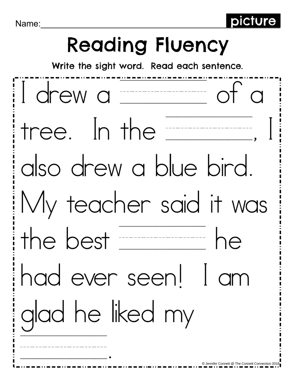 Reading Fluency fill-in: students write the sight word picture in four story blanks, then reread the finished passage