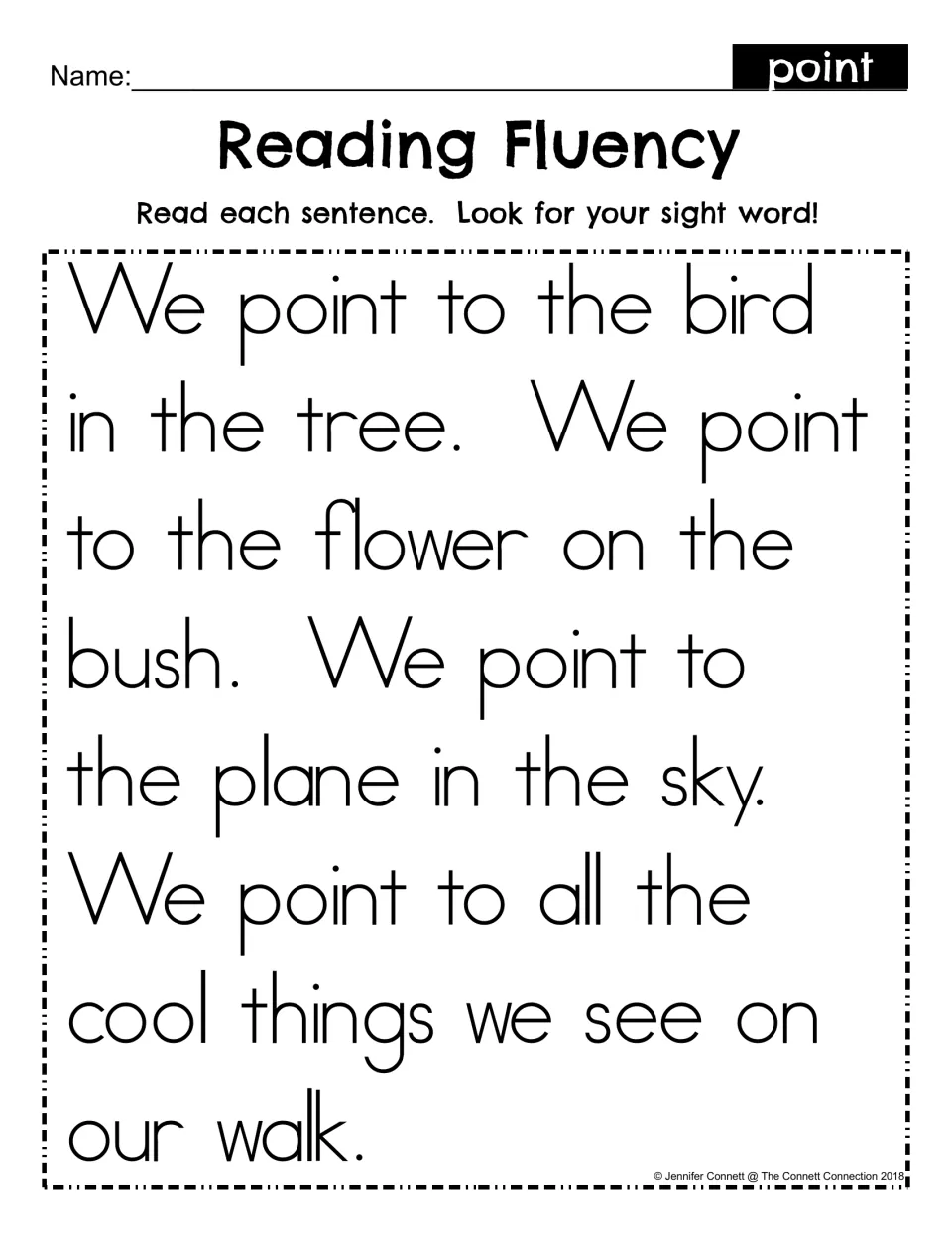 Reading Fluency for sight word point: students read a short passage about pointing to a bird, flower and plane on a walk