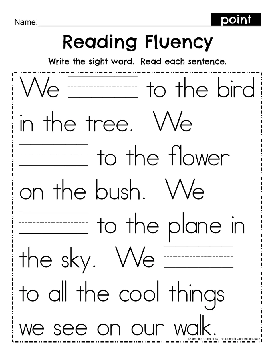 Reading Fluency fill-in: students write the sight word point in four blanks, then reread the same passage about a walk